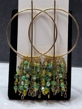 🚨3 for $15🚨 Gold Tone Hoop Tassel Earrings with Green Beaded Fringe